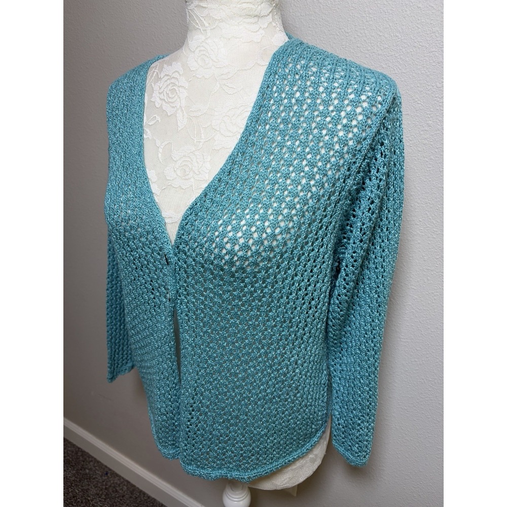 Sigrid Olsen Cardigan Sweater~L~Turquoise Crochet Knit Linen Bld 2 Button Resort - Picture 5 of 15